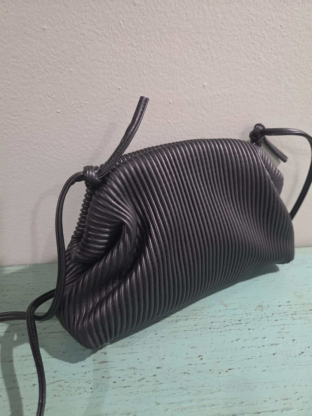 KingTo Black Ribbed Vegan Leather Cloud Crossbody Bag